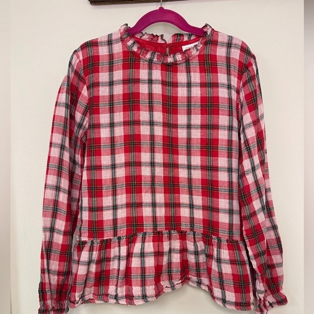 ⚡️3/$20⚡️Cat&Jack: Girls Red/Green/Gold Plaid Long Sleeve Blouse, Size L (10/12)